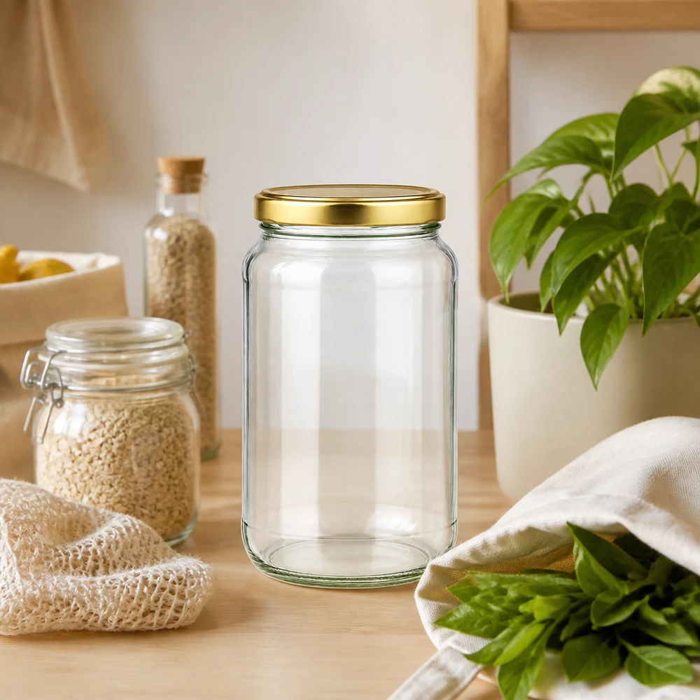 1700ml Rundglas mit BasicSeal Deckel gold UNiTWIST 1700ml Rundglas BasicSeal gold in nachhaltiger Zero-Waste Küche mit Vorratsgläsern und frischen Kräutern
