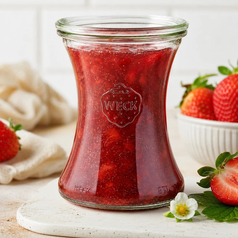 370ml Delikatessenglas mit Glasdeckel WECK RR80 WECK Delikatessenglas 370ml RR80 mit hausgemachter Erdbeermarmelade auf Marmorbrett umgeben von frischen Erdbeeren