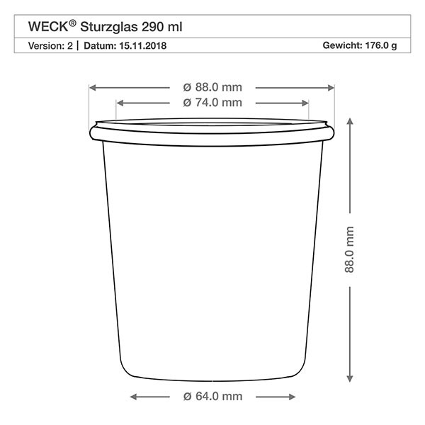 290ml Sturzglas hoch WECK RR80 mit Korken natur WECK Sturzglas 290ml RR80 technische Zeichnung mit Maßangaben Durchmesser 88mm Höhe 88mm Gewicht 176g Spezifikation