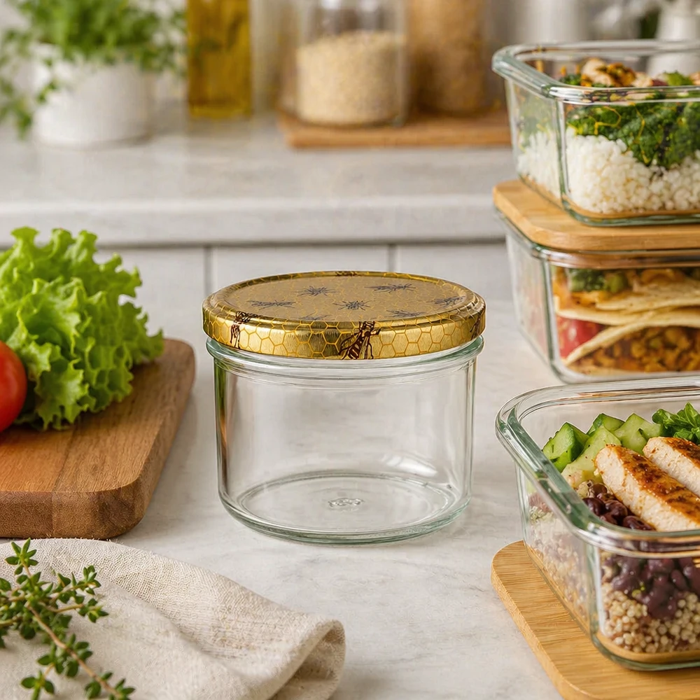 250g Honigglas mit Bienenwaben-Deckel in moderner Küche neben Meal-Prep-Boxen und frischen Zutaten