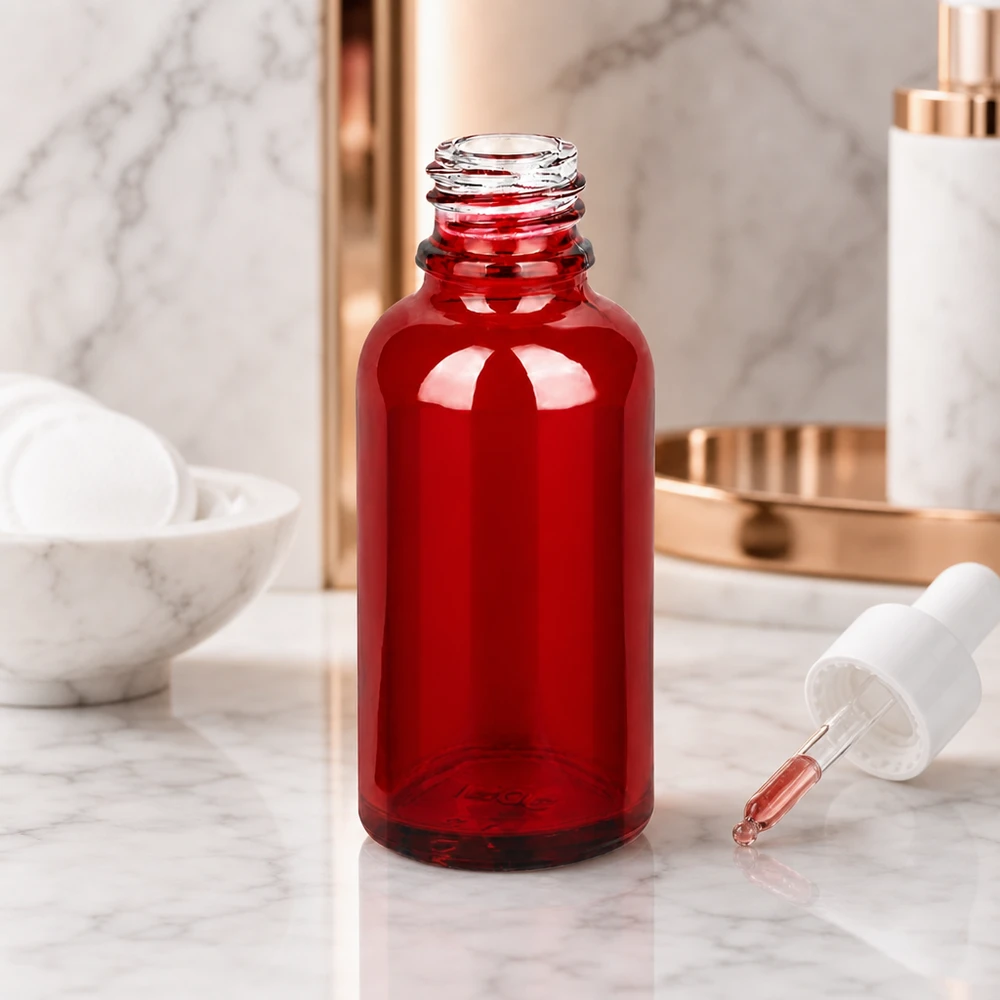 30ml Apothekenflasche RedLine UT18/30 UNiTWIST Stilvolle 30ml Apothekerflasche RedLine UT18/30 UNiTWIST in rotem Glas mit Pipettenverschluss
