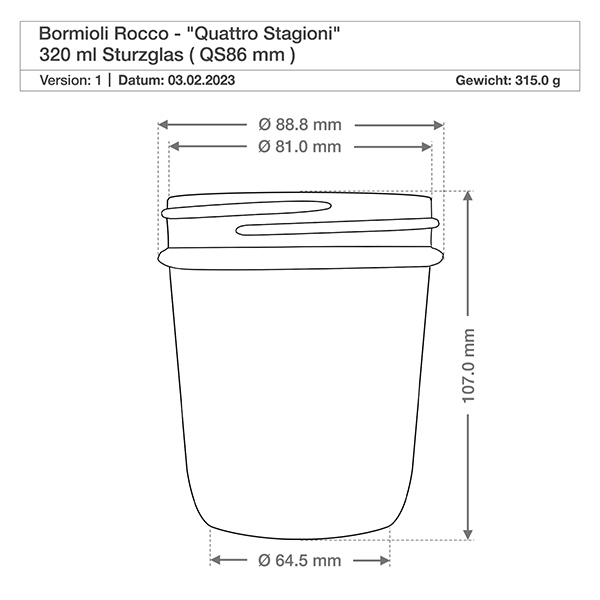 3800ml Rundglas "Quattro Stagioni" mit Deckel Technische Zeichnung Bormioli Rocco Quattro Stagioni 320ml Einmachglas mit Maßangaben und Spezifikationen Produktdetails