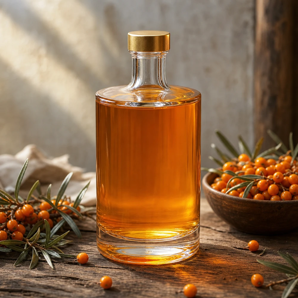 500ml Glasflasche "Sam" + Schraubverschluss gold UNiTWIST 500ml Glasflasche Sam mit bernsteinfarbenem Öl befüllt goldener UNiTWIST Verschluss Sanddornbeeren natürliche Küche