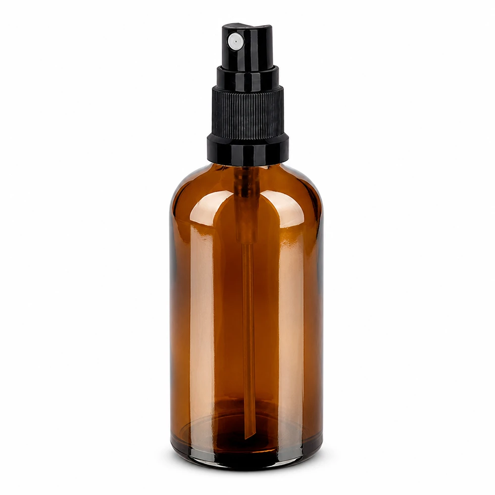 100ml Sprayflasche schwarz Standardverschluss BrownLine UT18/100 Pumpflasche 100ml BrownLine braunes Glas mit schwarzem Sprühkopf für DIY Kosmetik