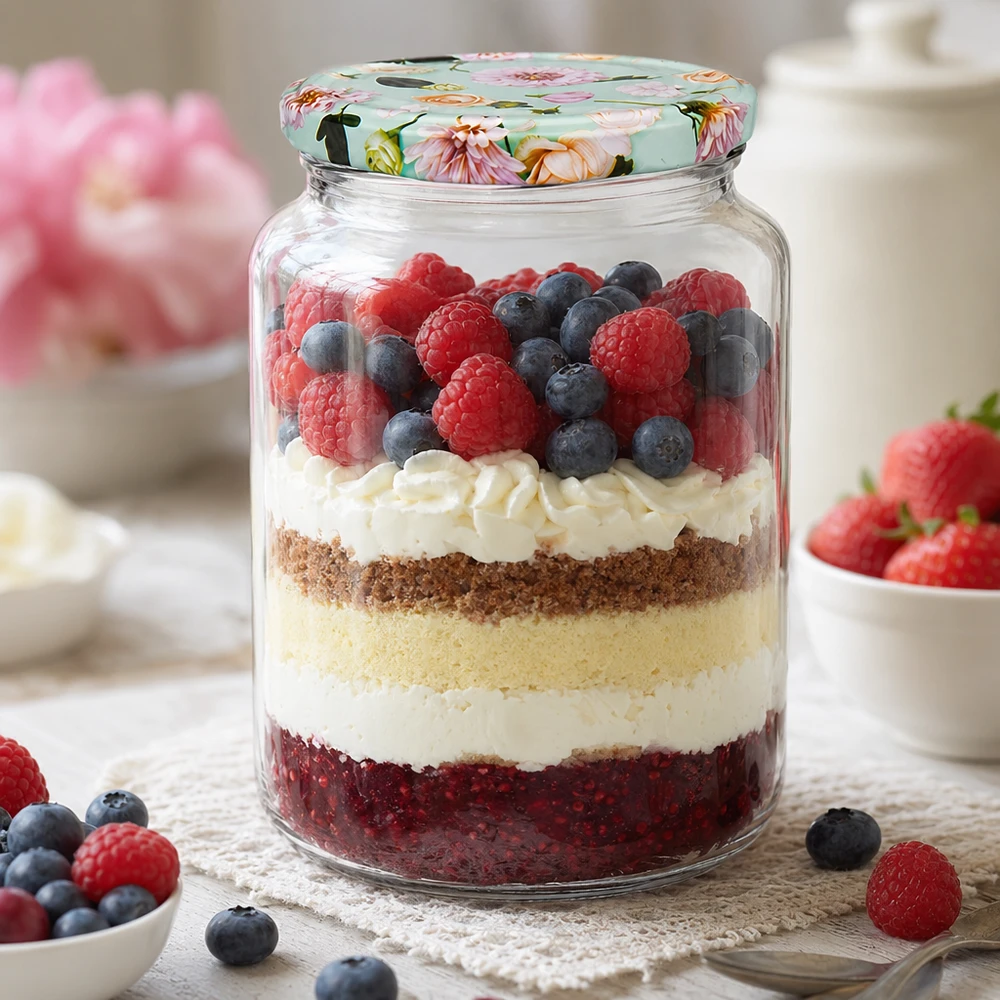 795ml Rundglas + BasicSeal Deckel Blume mint UNiTWIST 795ml Rundglas mit mint Blumen-Deckel als Dessertglas für Schichtnachtisch mit Beeren und Sahne