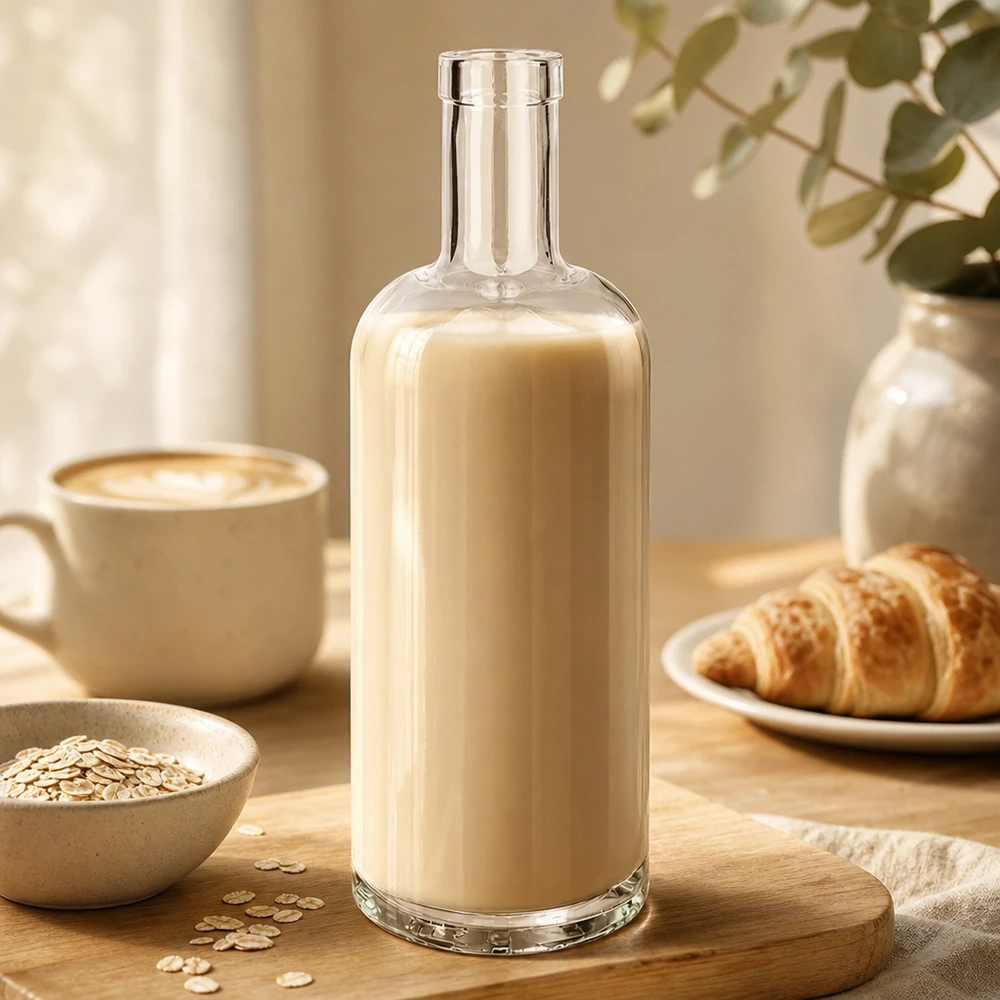 750ml Glasflasche Emma mit beiger Hafermilch gefüllt neben Kaffeetasse Croissant und Haferflocken auf Holztisch