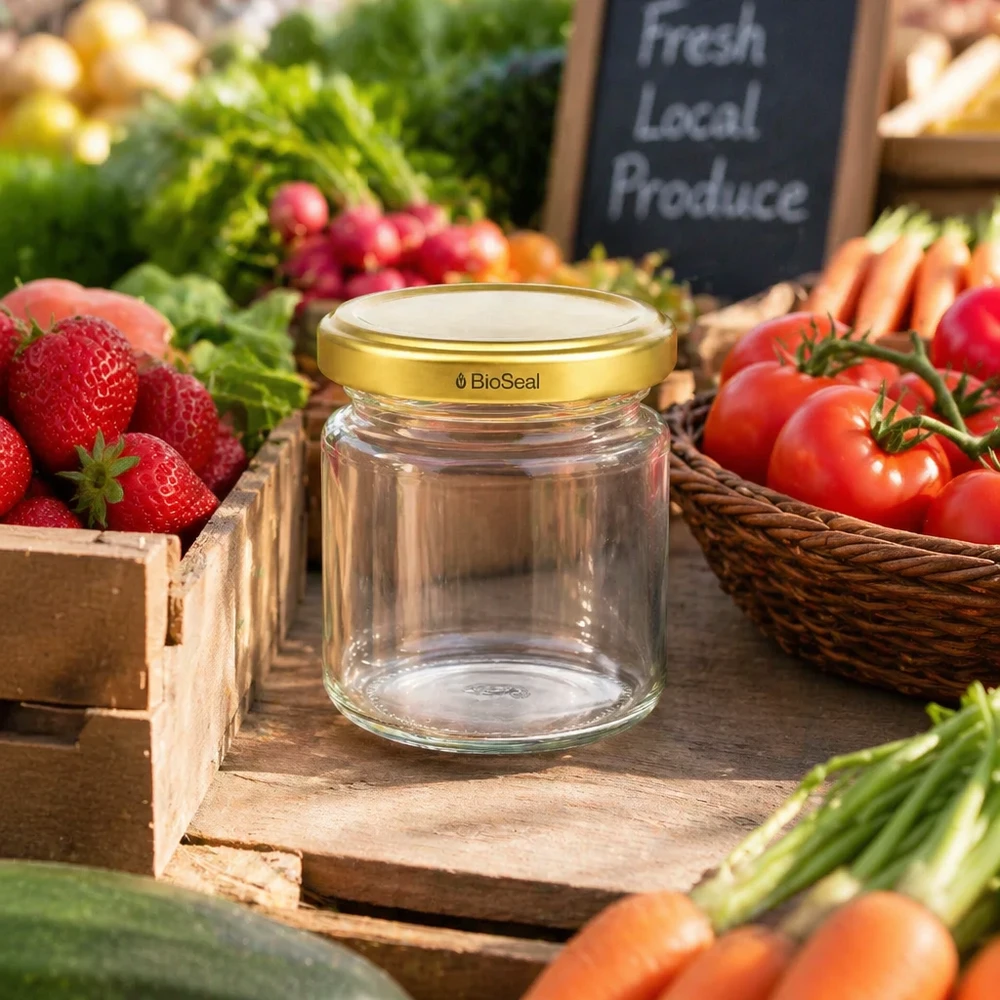 53ml Rundglas mit BioSeal Deckel gold UNiTWIST UNiTWIST Runda53 leeres Einmachglas mit goldenem TO43 BioSeal Deckel auf Holzbrett zwischen frischem Marktgemüse