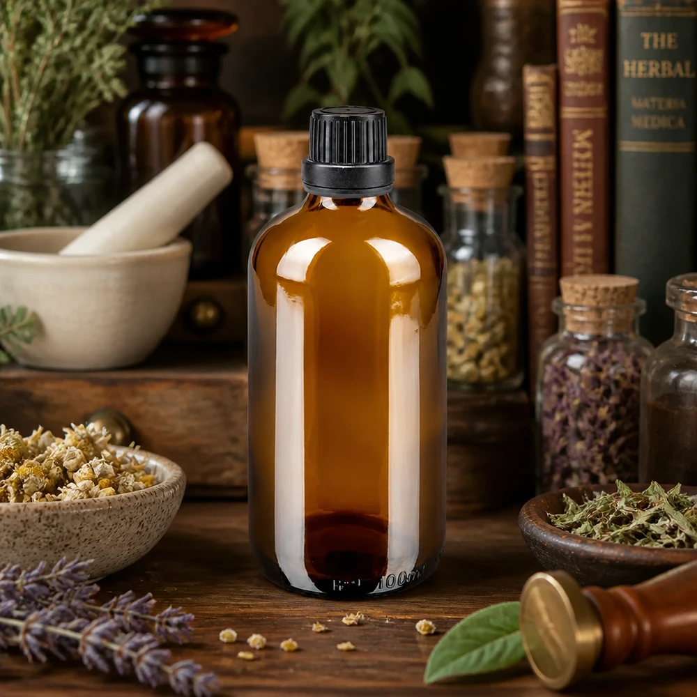 Kleine braune Glasflasche 100ml mit schwarzem Schraubverschluss für Tinkturen und Naturheilkunde
