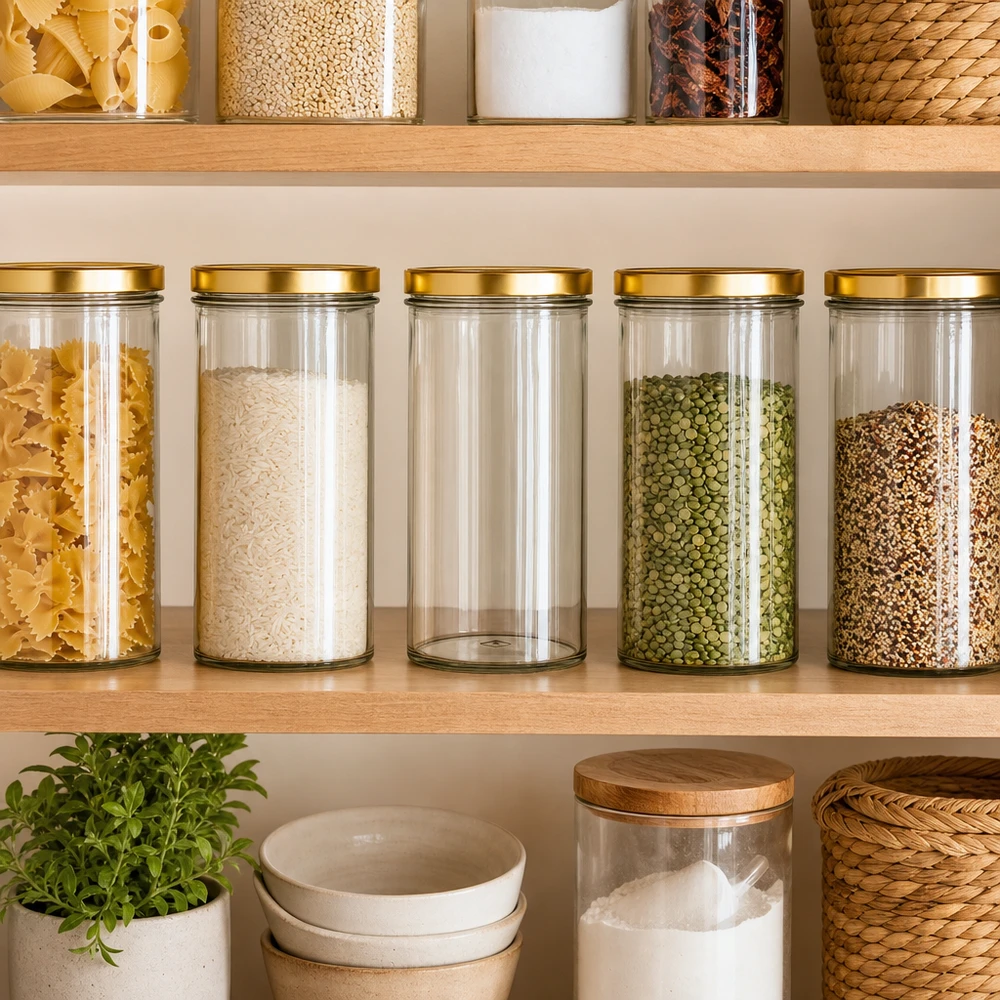 Pantry Organisation mit 277ml Sturzgläsern gold UNiTWIST Deckel für Reis Pasta Linsen Gewürze Küchenregal