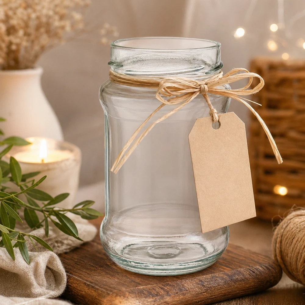 390ml Rundglas ohne Deckel (TO66deep) UNiTWIST Leeres Rundglas 390ml mit Deckel und Schleifenband auf Holztisch - ideal für Marmelade Honig und Geschenke von Glas-Fabr