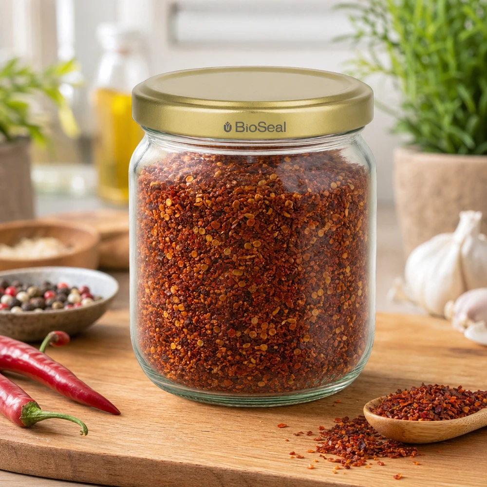 500g BioSeal Honigglas gefüllt mit roten Gewürzen auf Holzbrett mit Chili und Knoblauch in Küche