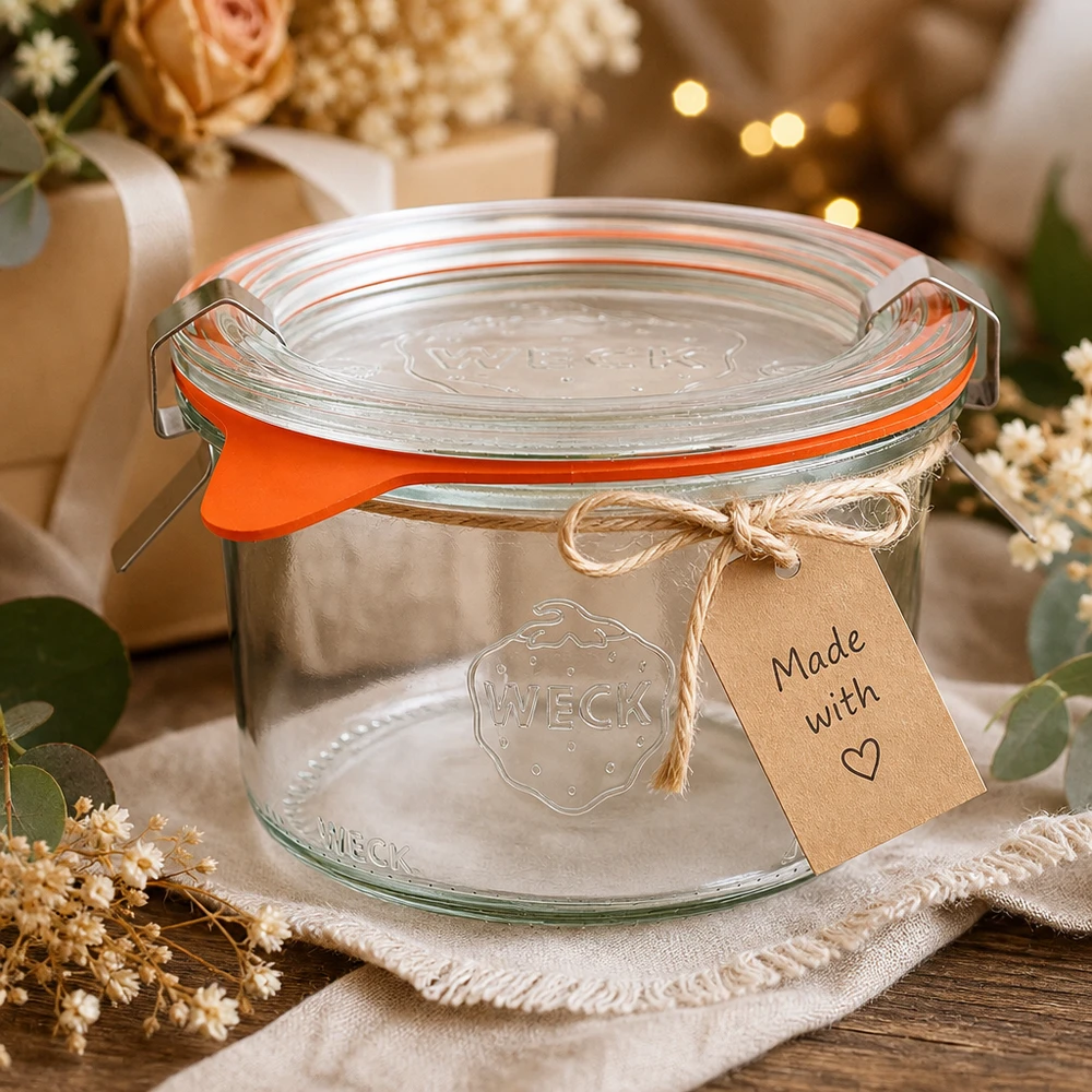 200ml Sturzglas komplett WECK RR80 WECK Sturzglas 200ml RR80 als Geschenkidee dekoriert mit Kraftpapier-Anhänger Made with Love und Trockenblumen