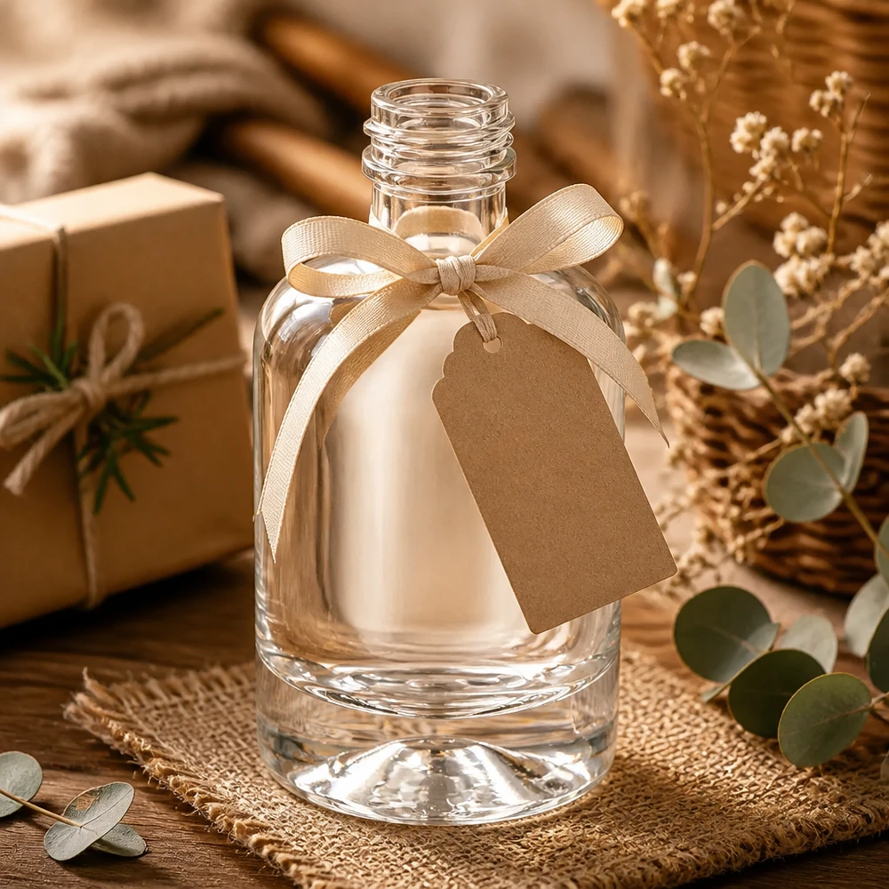40ml Glasflasche Sara dekorativ geschmückt mit Schleife und Geschenkanhänger ohne Verschluss für Präsente