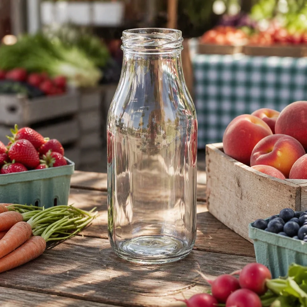 263ml Flasche ohne Deckel (TO43) UNiTWIST Leere Glasflasche 263ml auf Holztisch mit frischem Obst und Gemüse - ideal für Säfte Smoothies und Getränke