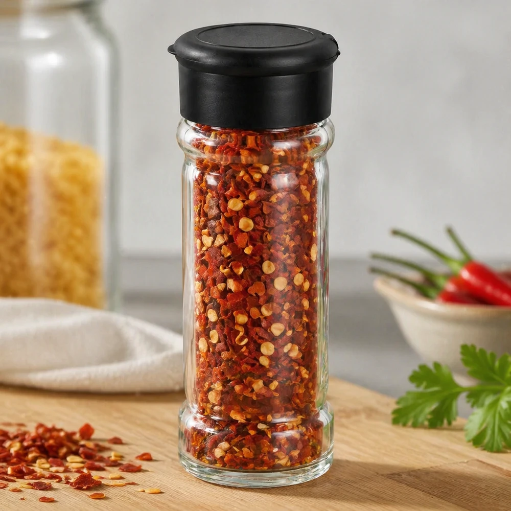 Schlankes Glasgefäß 100ml mit schwarzem Streuer für Chiliflocken in modernem Küchenambiente