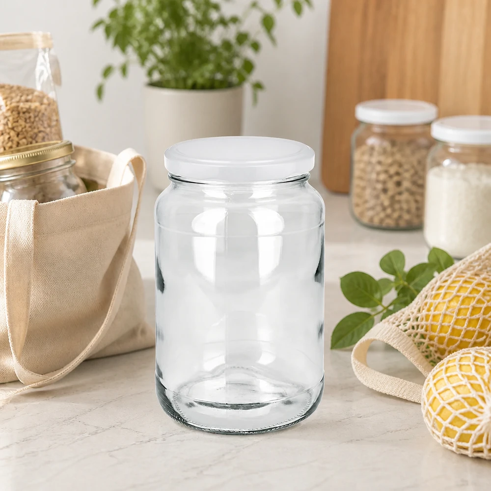 1700ml Rundglas mit BasicSeal Deckel weiß UNiTWIST 1700ml Rundglas mit BasicSeal Deckel in nachhaltiger Zero-Waste Küche mit Mesh-Beuteln und Vorratsgläsern