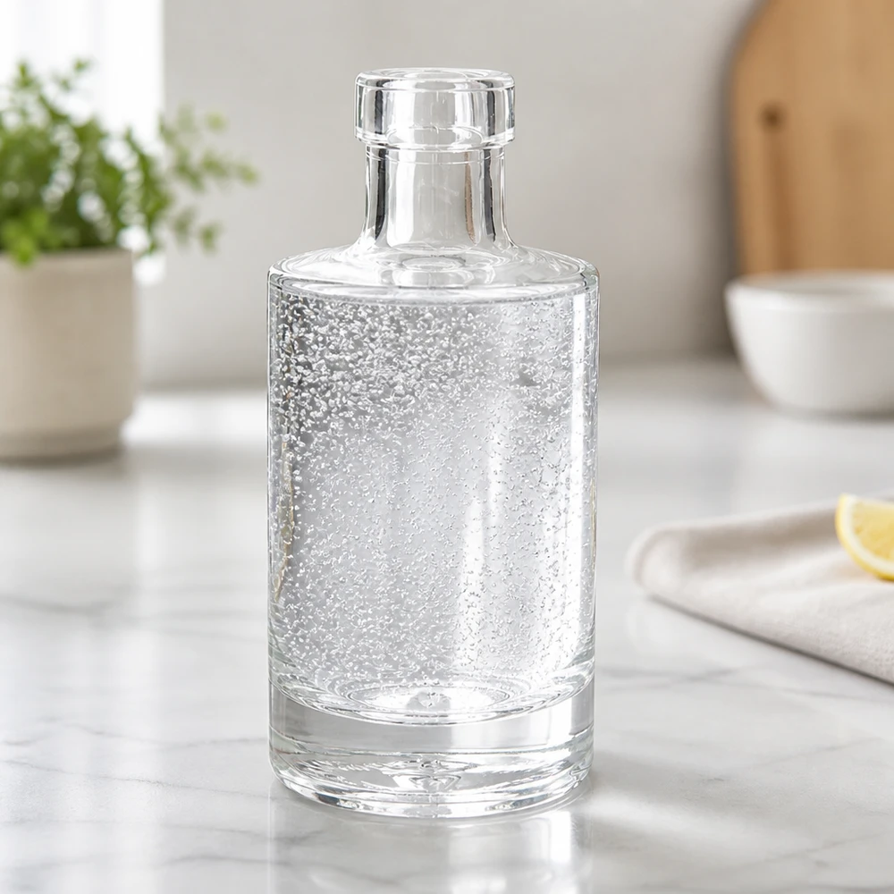 200ml Glasflasche Marie mit Sprudelwasser befüllt auf Marmortheke moderne Küche Wasserflasche Lifestyle Szenerie