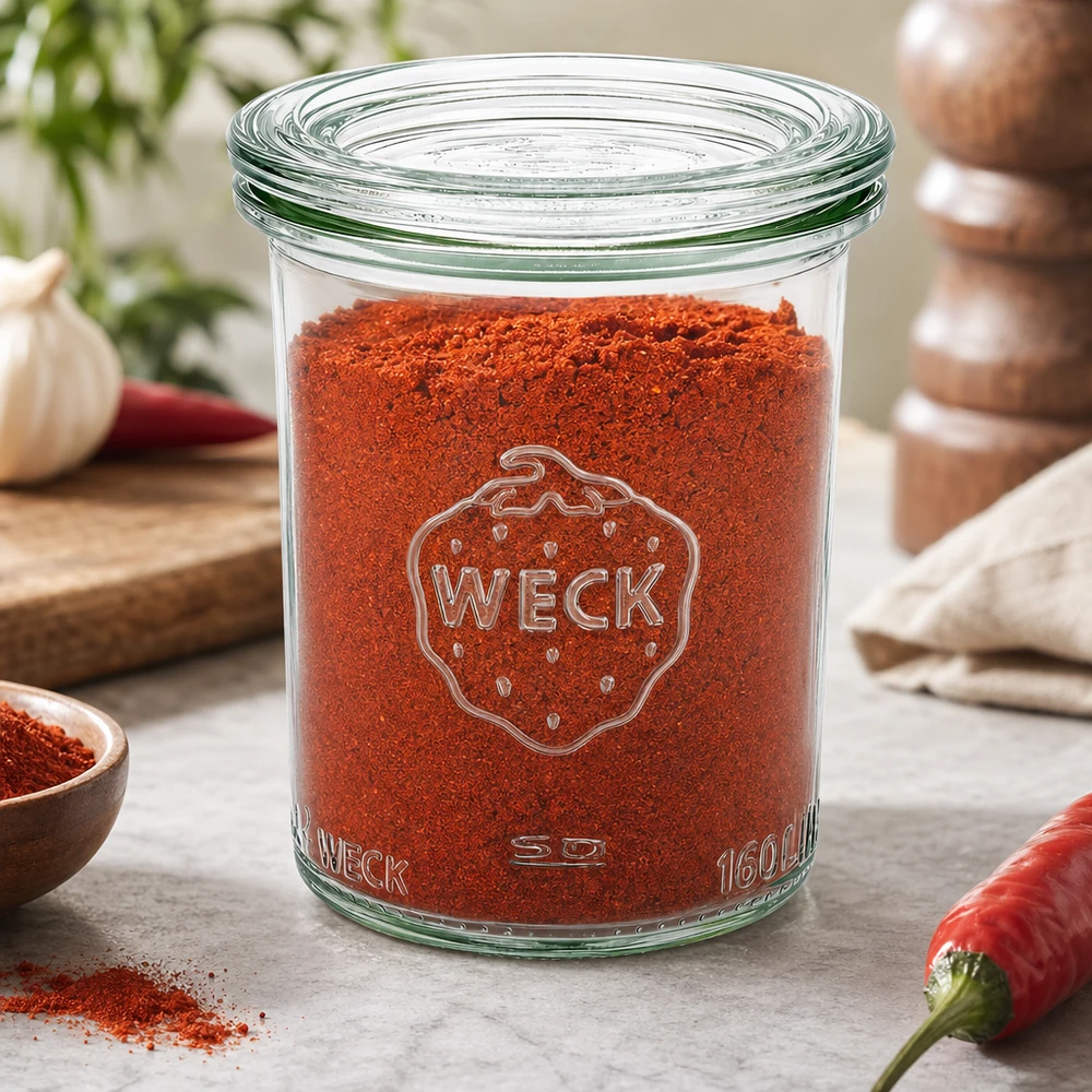 160ml Sturzglas mit Glasdeckel WECK RR60 WECK Sturzglas 160ml RR60 gefüllt mit rotem Paprikapulver in Küche mit Chili, Knoblauch und Gewürzmühle