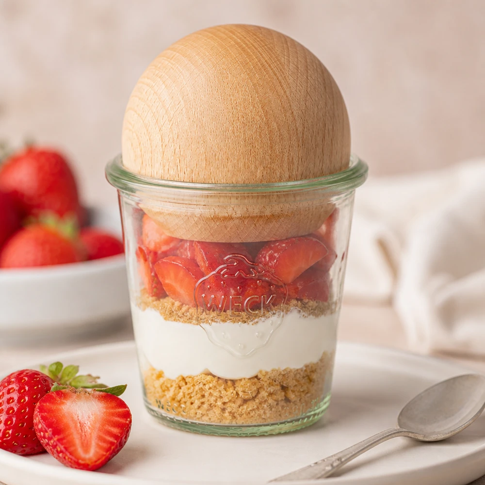 290ml Sturzglas hoch WECK RR80 mit Holzkugel Buche WECK Sturzglas 290ml RR80 Dessert-Schichtglas mit Erdbeeren Sahne Keksboden und Buchenkugel-Verschluss