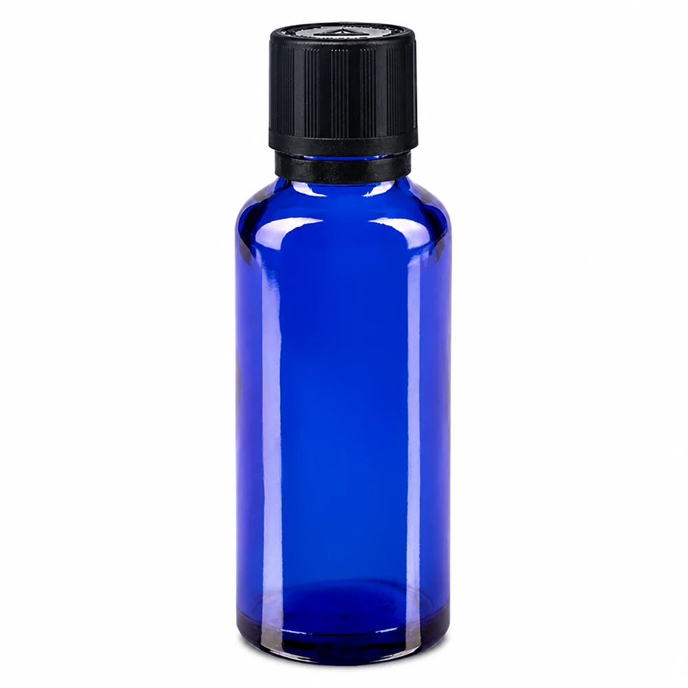 Apothekenflasche blau 30ml Tropfer Giessring 1mm schwarz Kindersicherung Blindenwarnsymbol Originalitätsverschluss UV-Schutz Apothekerflasche blau 30ml Borosilikatglas mit kindersicherem Schraubverschluss schwarz