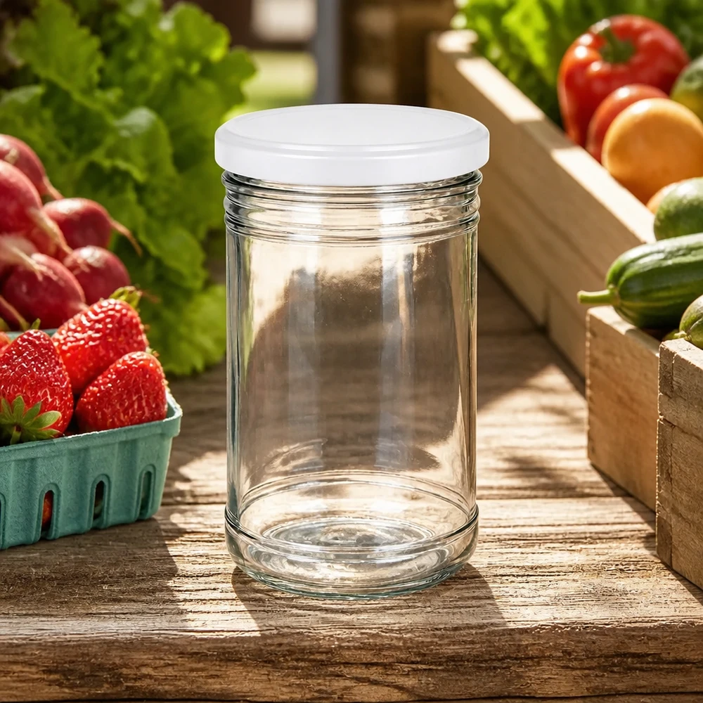 1053ml Sturzglas mit BasicSeal Deckel weiß UNiTWIST 1053ml Sturzglas leer auf Holztisch mit frischem Obst und Gemüse zeigt ideale Küchenumgebung für Meal Prep und Vorratsha