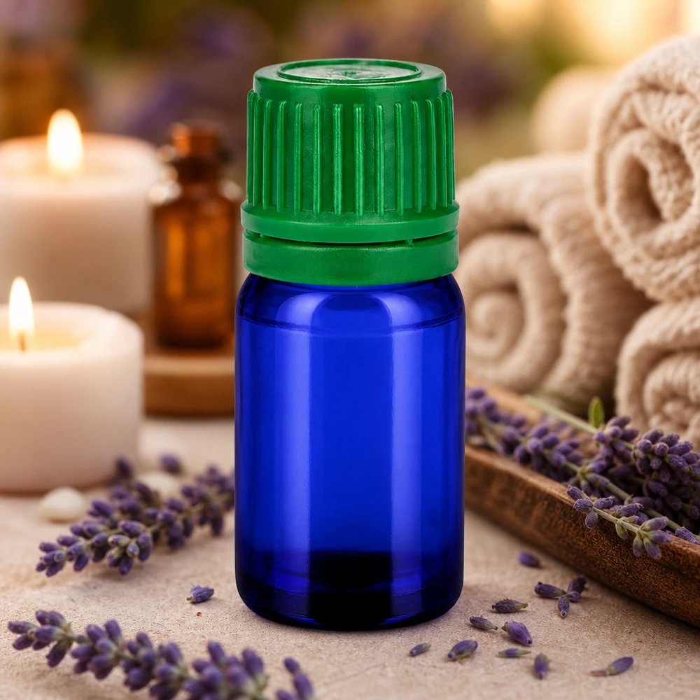 Lichtgeschützte 5ml Glasflasche in elegantem Blau mit stabilem grünen Schraubverschluss