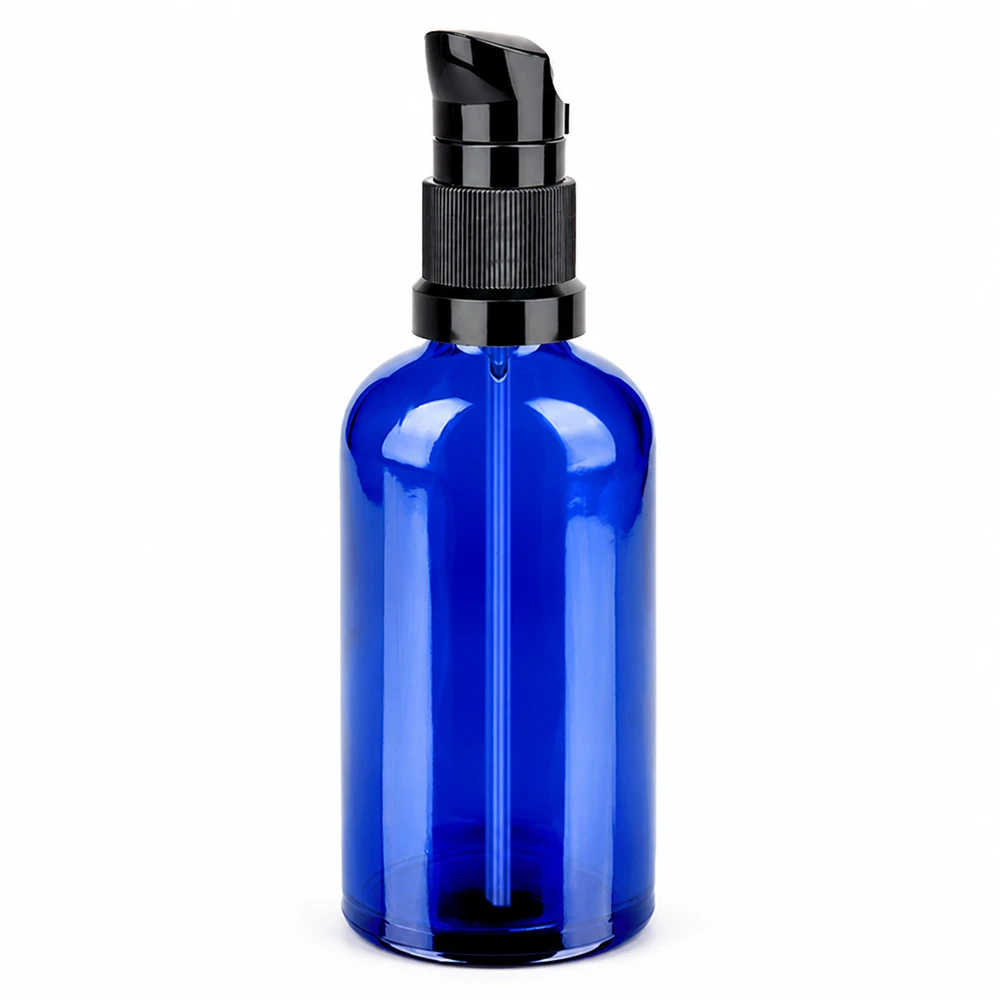 Handliche blaue Glasflasche mit Pumpspender 100ml perfekt für Lotions und Öle