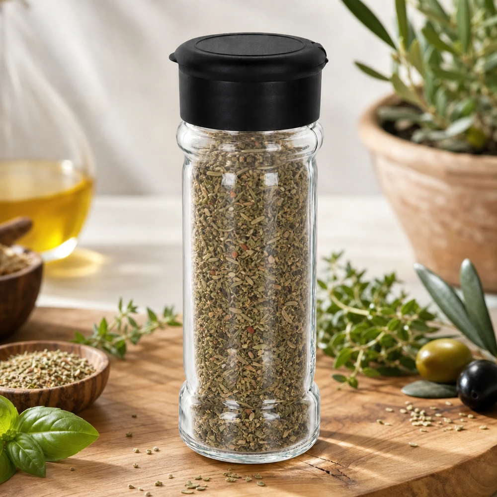 Kompaktes Kräuterstreuer-Glas 100ml aus Glas mit mattschwarzem Deckel auf Holzunterlage