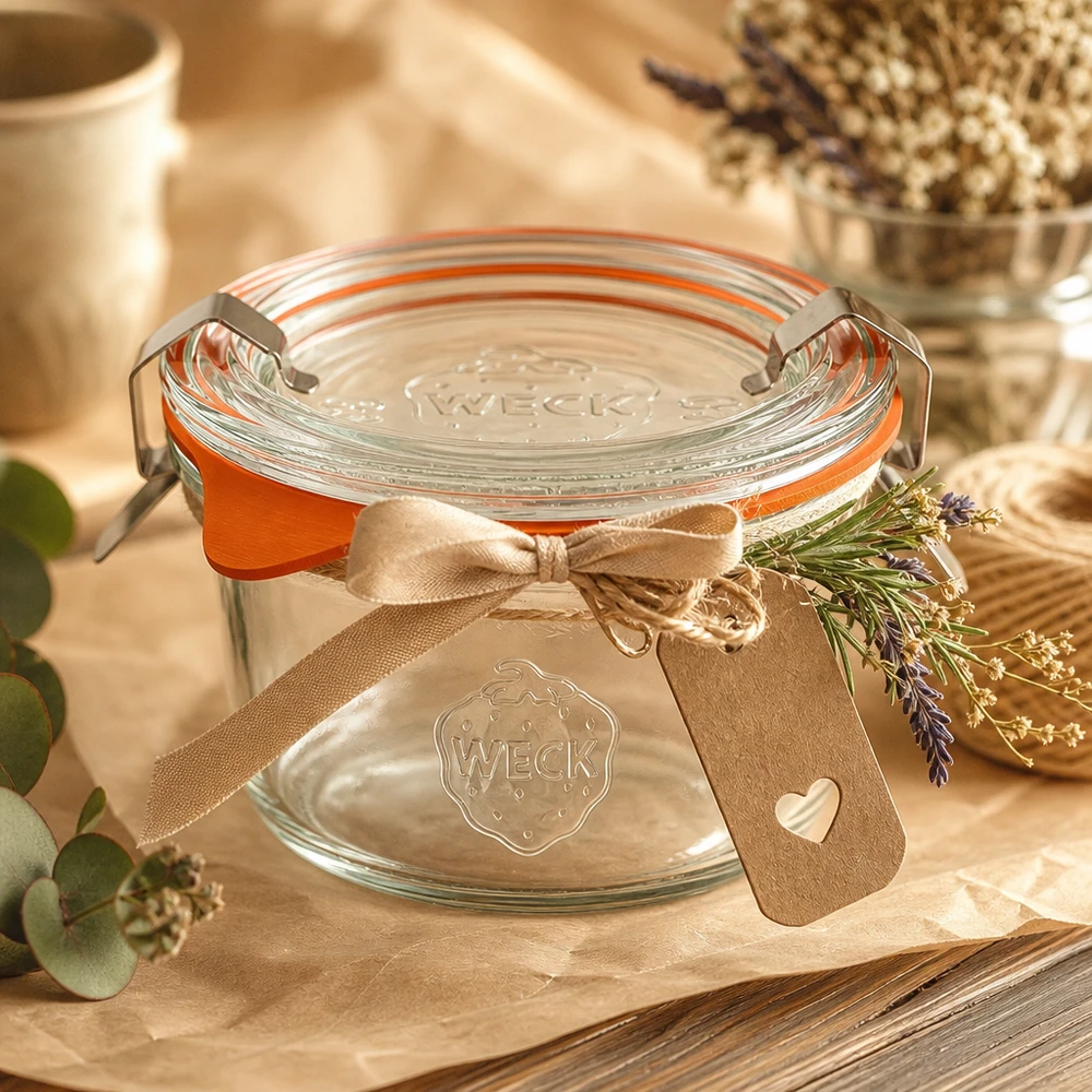 50ml Sturzglas komplett WECK RR60 WECK 50ml Sturzglas RR60 dekorativ arrangiert mit Schleife und Lavendel als Geschenkidee auf rustikalem Holztisch