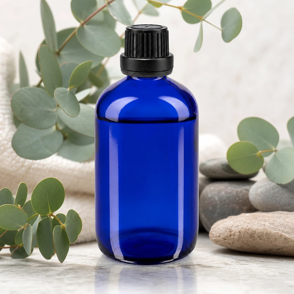 Apothekenflasche blau 100ml Schraubverschluss schwarz Dichteinlage Originalitätsverschluss Hochwertige blaue Apoflasche 100ml aus Glas mit 11mm Schraubverschluss für Öle