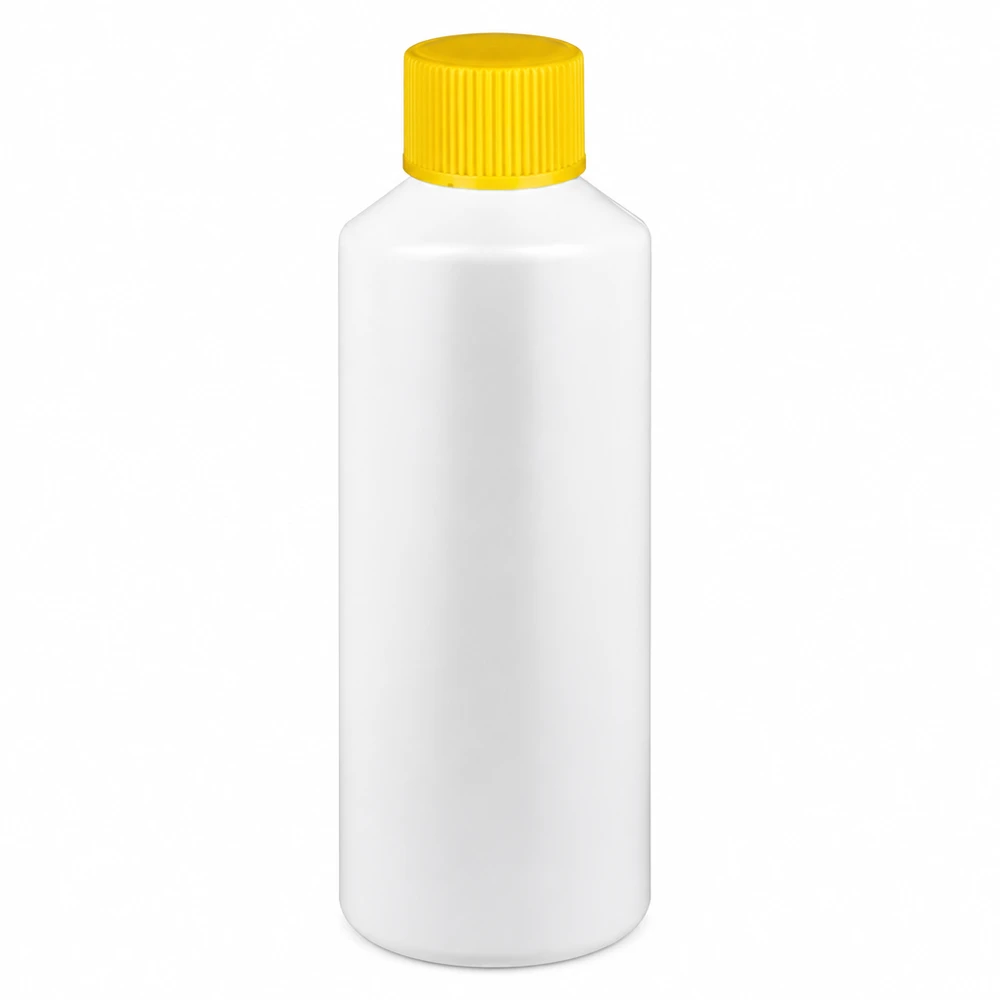 Apothekenflasche HDPE 100ml weiß, mit gelbem Schraubverschluss Kleine weiße Pharmaflasche 100ml HDPE mit gelbem Schraubdeckel