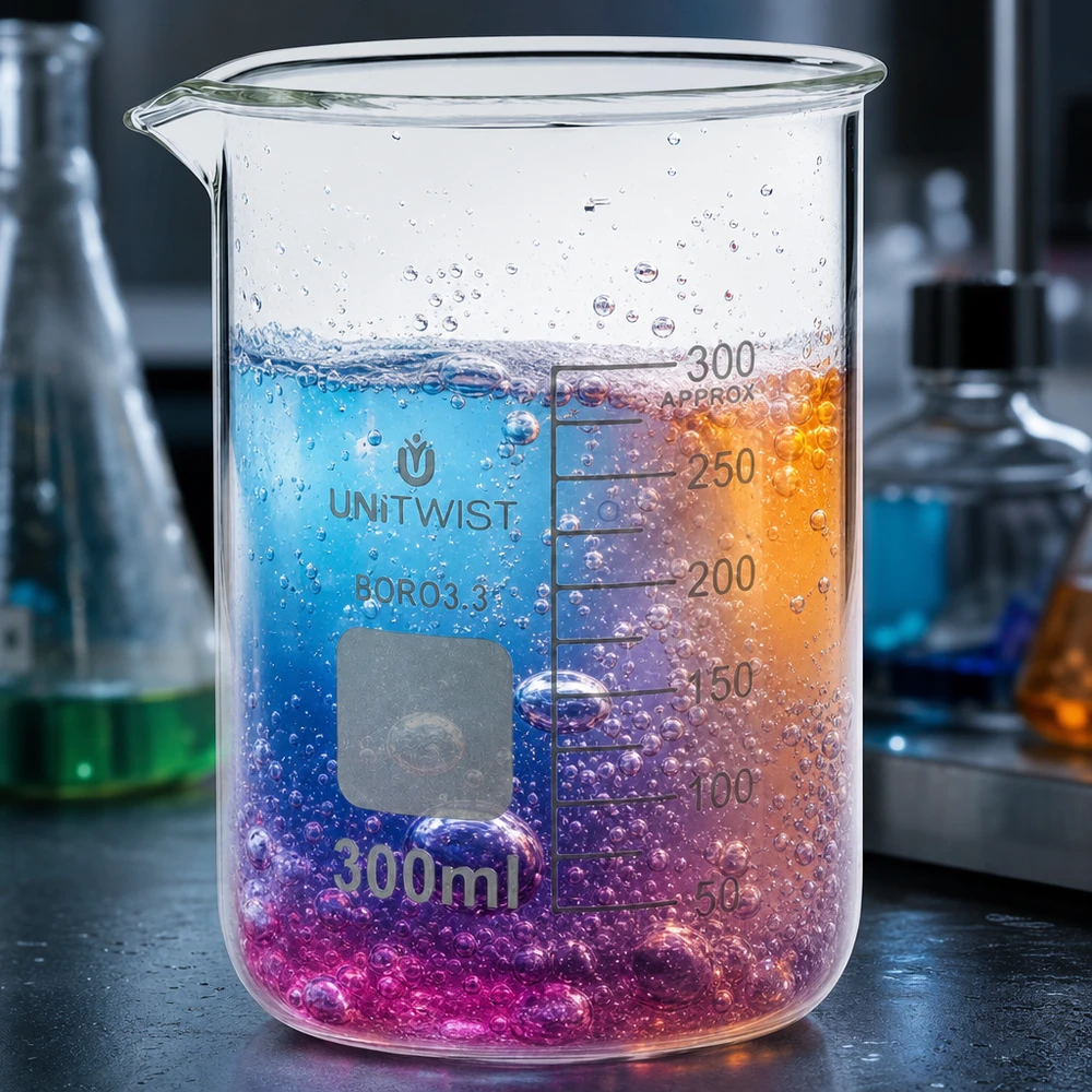 Becherglas 300ml Borosilikat, niedrige Form UNiTWIST Transparentes Borosilikat Laborbecherglas 300ml mit pink-blau-orangefarbenem Flüssigkeitsinhalt