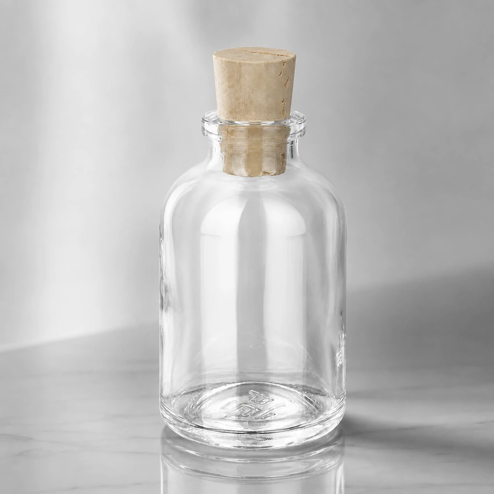 Flasche Klarglas 50ml mit Korken 11/14mm Hochwertige Glasflasche 50ml mit luftdichtem Korken 11/14mm seitliche Ansicht