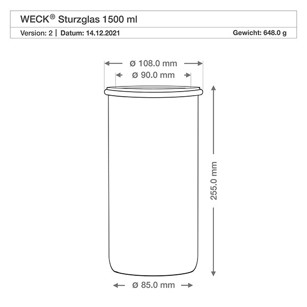 1500ml Sturzglas WECK RR100 mit Korken natur WECK Sturzglas 1500ml RR100 technische Zeichnung Maße Abmessungen 108mm Durchmesser 255mm Höhe Spezifikation