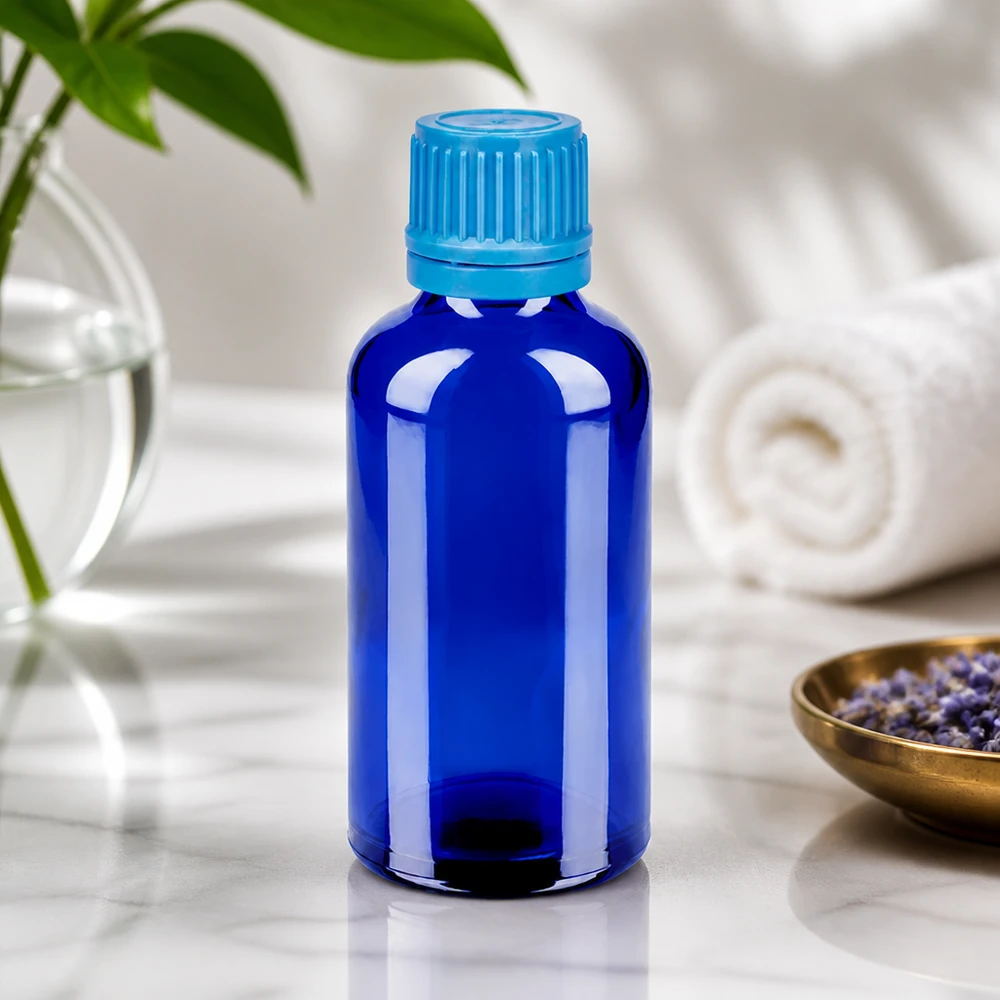50ml Qualitätsflasche aus dickem blauen Glas mit auslaufsicherem Verschlusssystem BlueLine