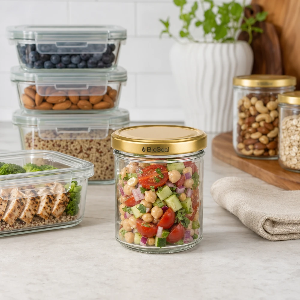 200g Honigglas mit goldenem Deckel BioSeal UNiTWIST BioSeal 200g Glas mit goldenem Deckel gefüllt mit Kichererbsensalat in organisierter Küche mit Vorratsbehältern