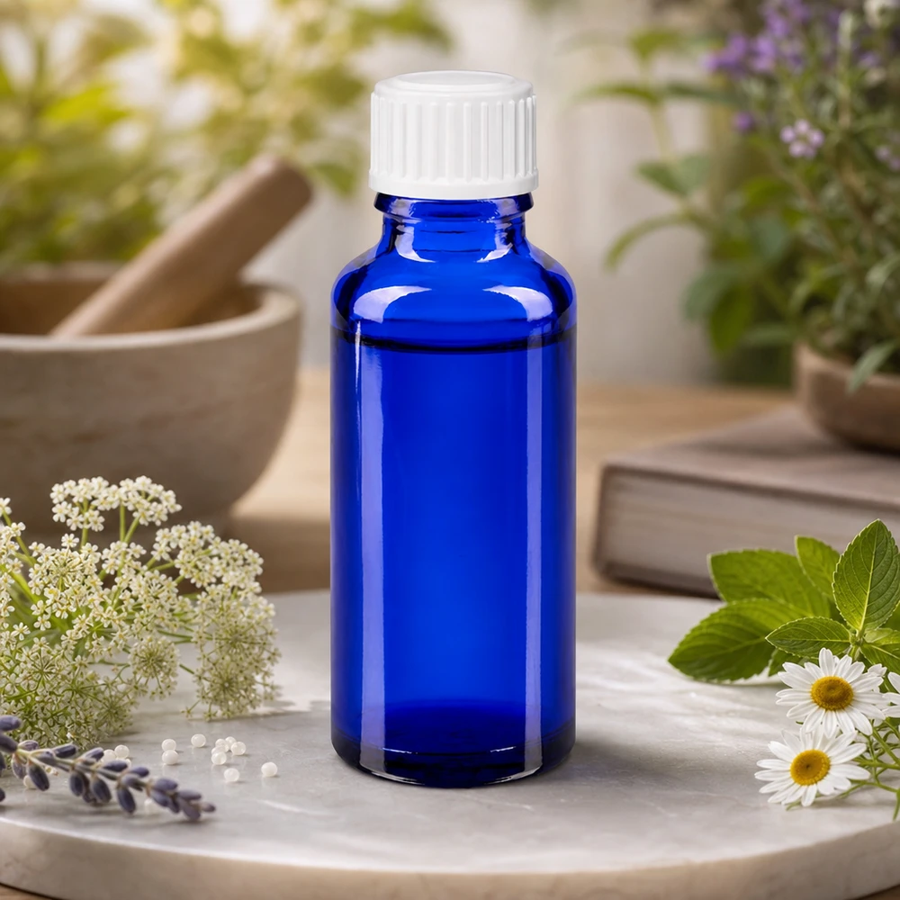 Apothekenflasche blau 30ml Schraubverschluss weiß Standard Apothekerflasche Blauglas 30ml weißer Verschluss 11mm für ätherische Öle und Tinkturen