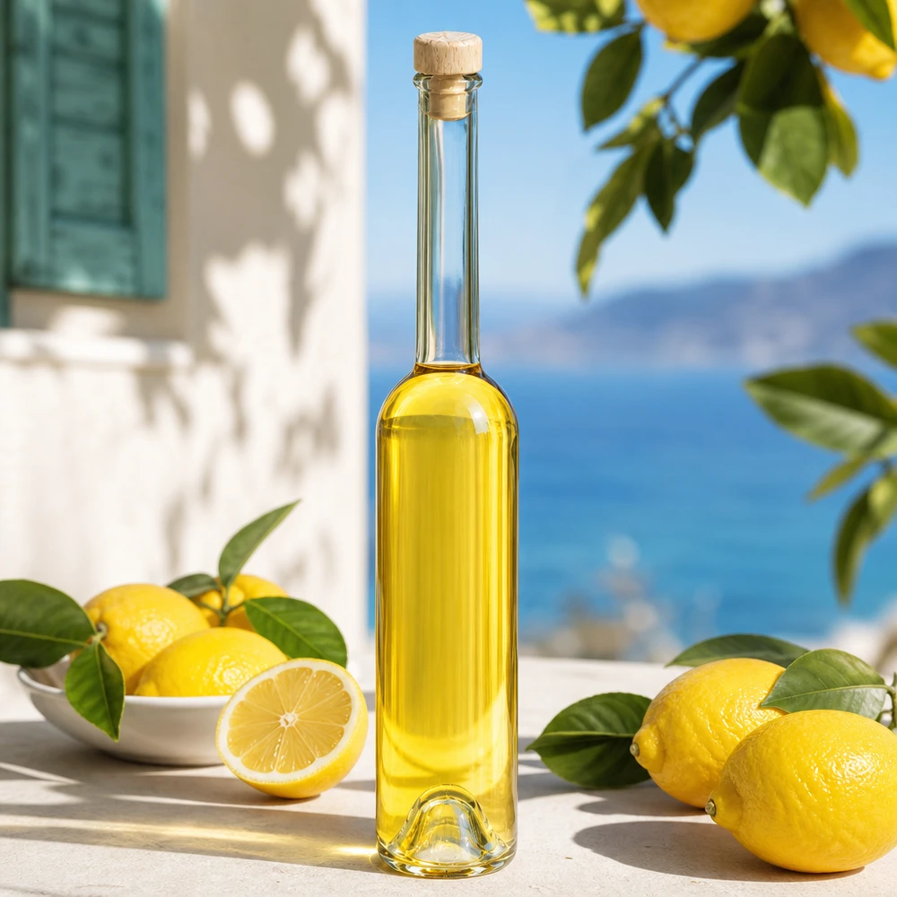 100ml Glasflasche Hugo mit gelbem Likör gefüllt zwischen Zitronen in mediterraner Küchenszenerie