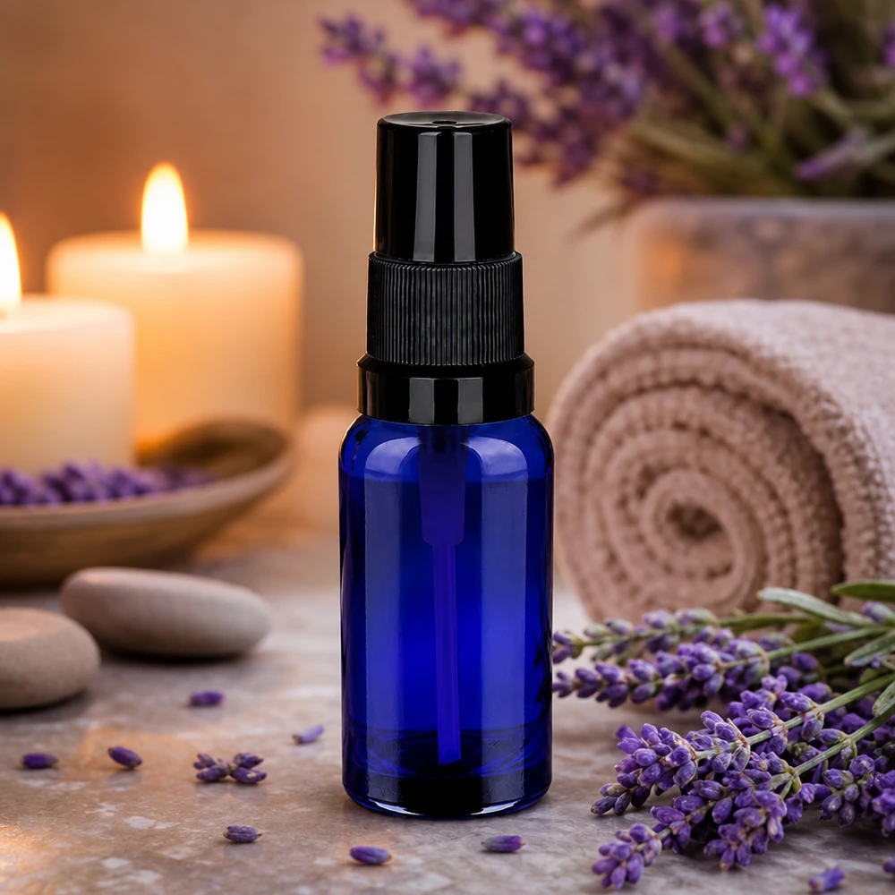 Vielseitige 20ml Glassprayflasche in Blau für Parfum Raumspray und natürliche Essenzen