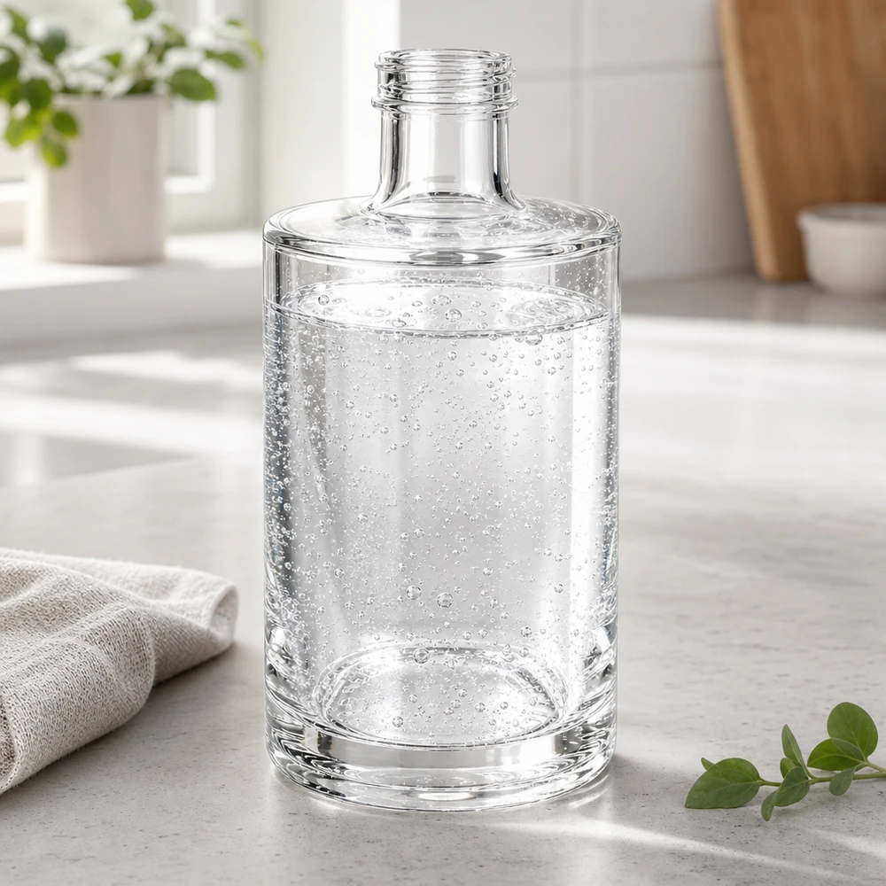 375ml Glasflasche Sam mit Sprudelwasser gefüllt auf heller Küchenarbeitsplatte mit Küchenhandtuch und Pflanze