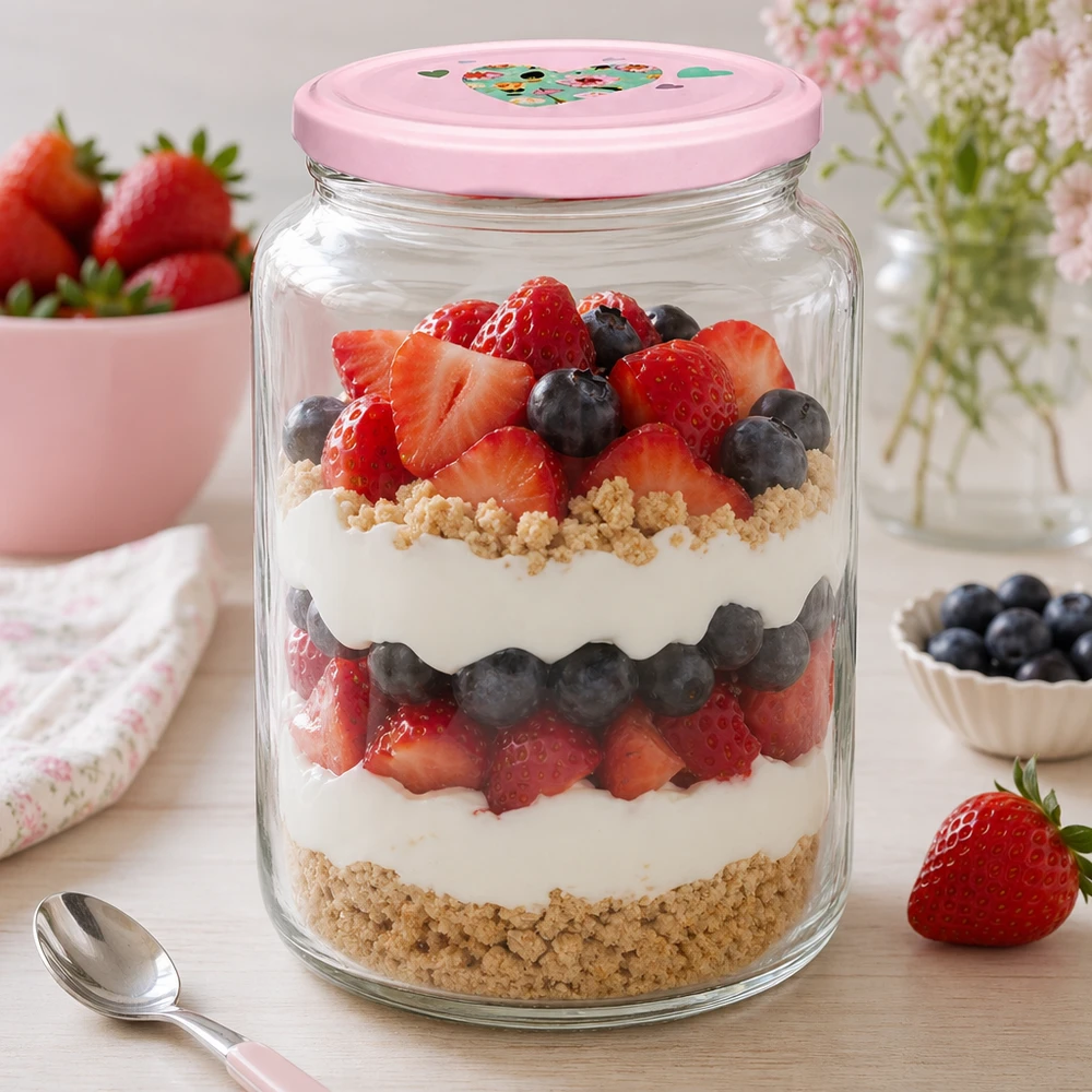 795ml Rundglas + BasicSeal Deckel Herz rosa UNiTWIST Rundglas 795ml mit rosa Herzdeckel gefüllt mit Beeren-Schichtdessert Parfait Anwendungsbeispiel für Desserts und Süßspei