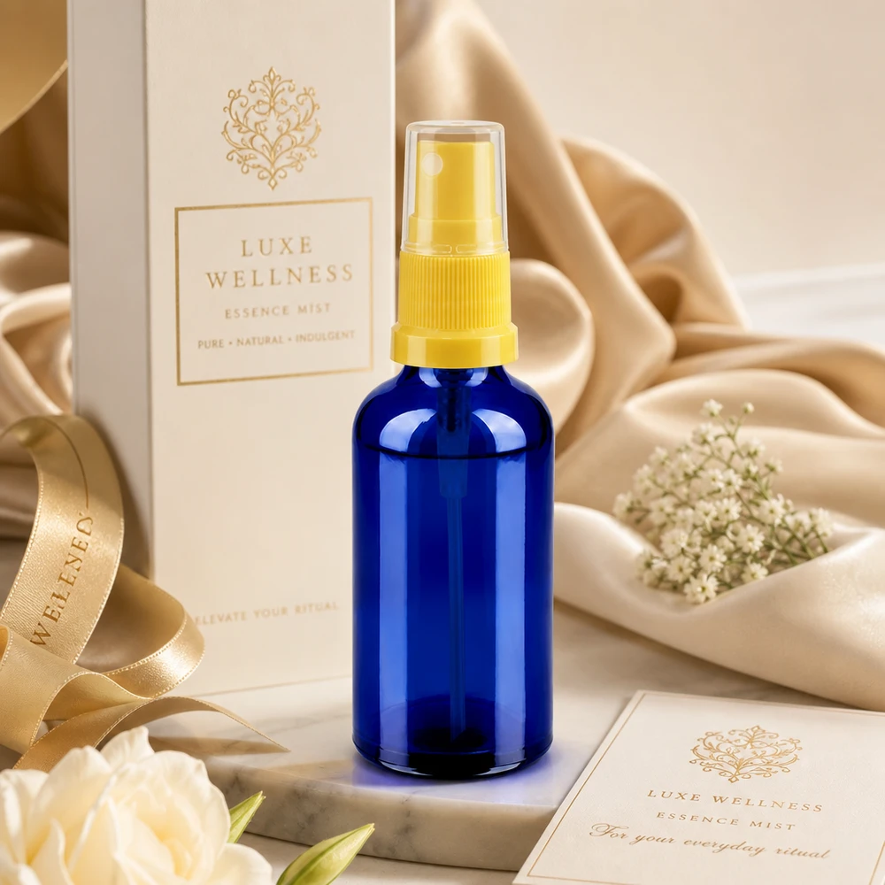 50ml Sprayflasche gelb/transparent Standardverschluss BlueLine UT18/50 Wiederbefüllbare 50ml Sprayflasche aus Glas - nachhaltige Alternative für Zero Waste Beauty Routine