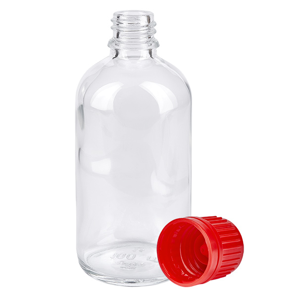 100ml Flasche 11mm Schraubverschluss rot Originalitätsverschluss ClearLine UT18/100 Zylindrische 100ml Klarglasflasche UT18 ClearLine mit separatem roten Schraubverschluss