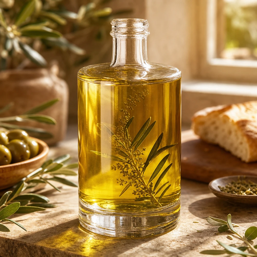 500ml Glasflasche "Sam" ohne Schraubverschluss UNiTWIST 500ml Glasflasche Sam mit Olivenöl und Kräutern befüllt Anwendungsbeispiel mediterrane Küche Dekoration