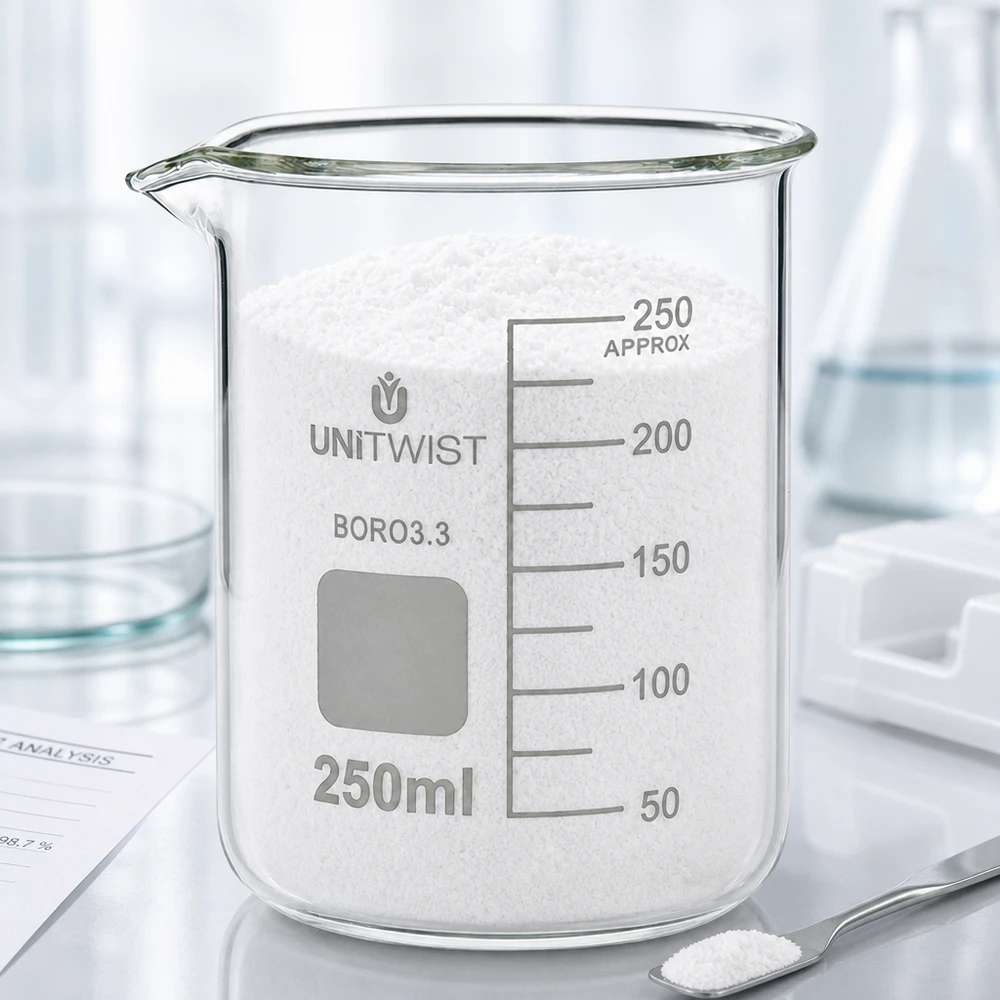 Becherglas 250ml Borosilikat, niedrige Form UNiTWIST Becherglas 250ml niedrige Form UNiTWIST mit weißer körniger Substanz über dem Rand gefüllt