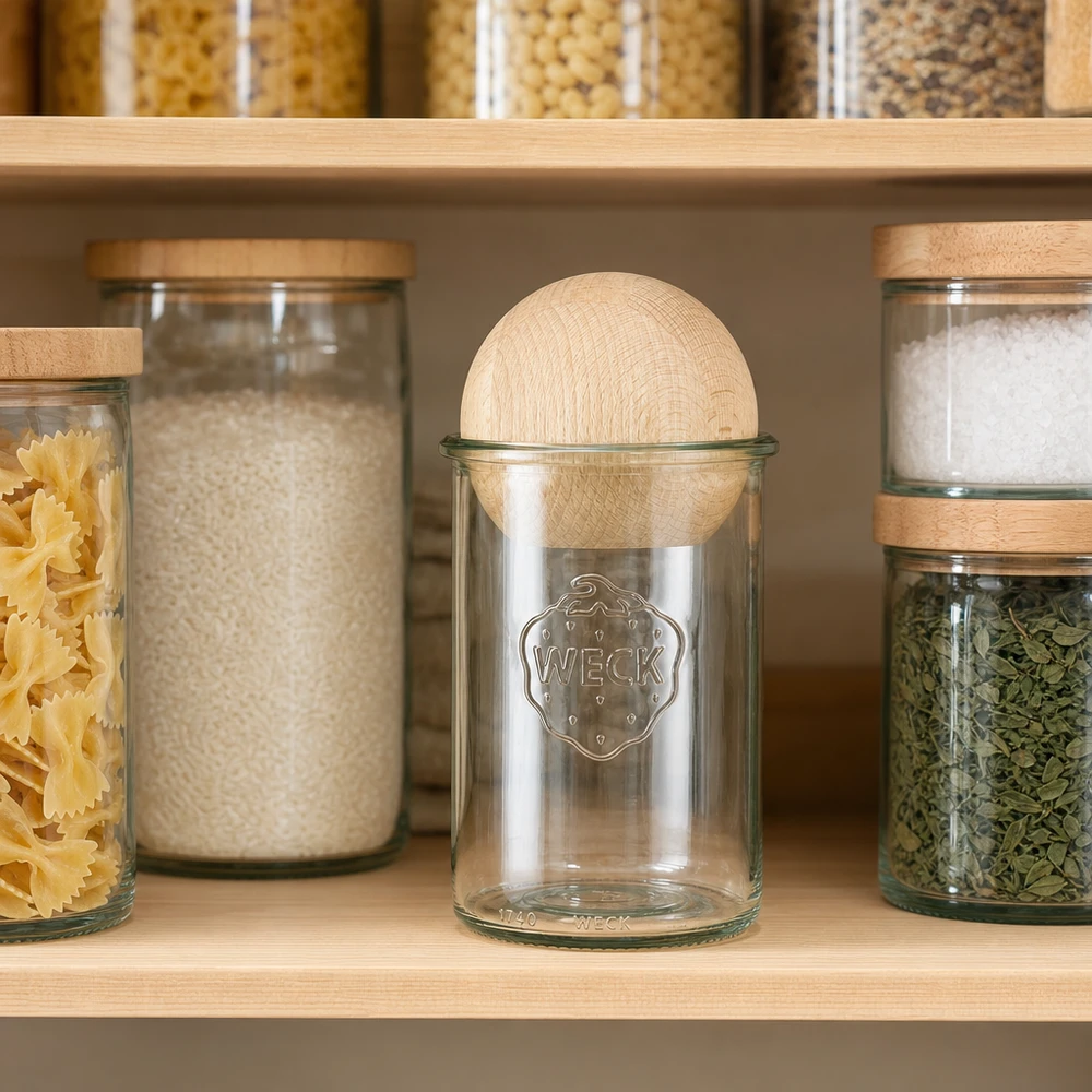 WECK Vorratsglas 1000ml RR100 mit Buchenkugel in moderner Küche zwischen Pasta, Reis und Gewürzen zur stilvollen Aufbewa
