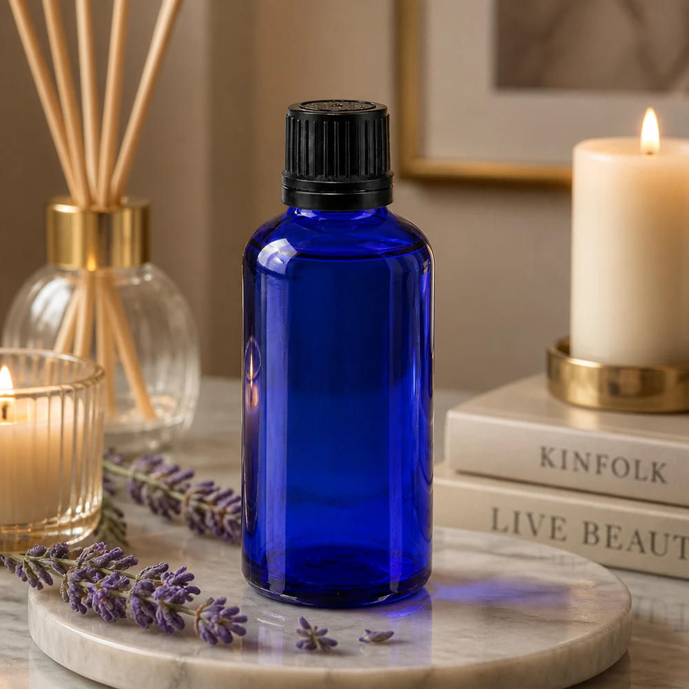 Blaue 50ml Glasflasche mit Originalitätsverschluss auf Marmortablett mit Lavendel