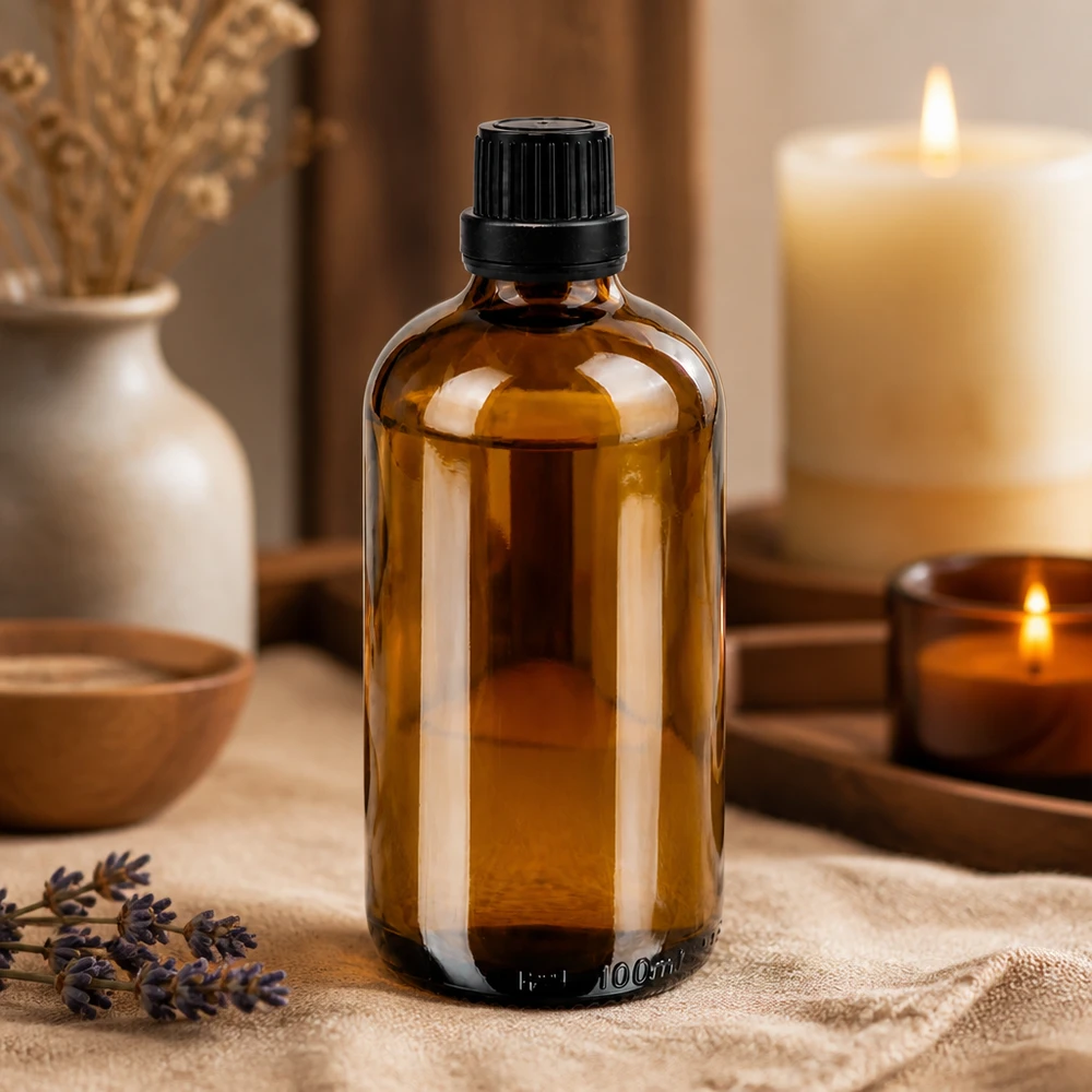 UV-schützende 100ml Braunglasflasche mit schwarz OV-Verschluss für Aromatherapie und Naturkosmetik