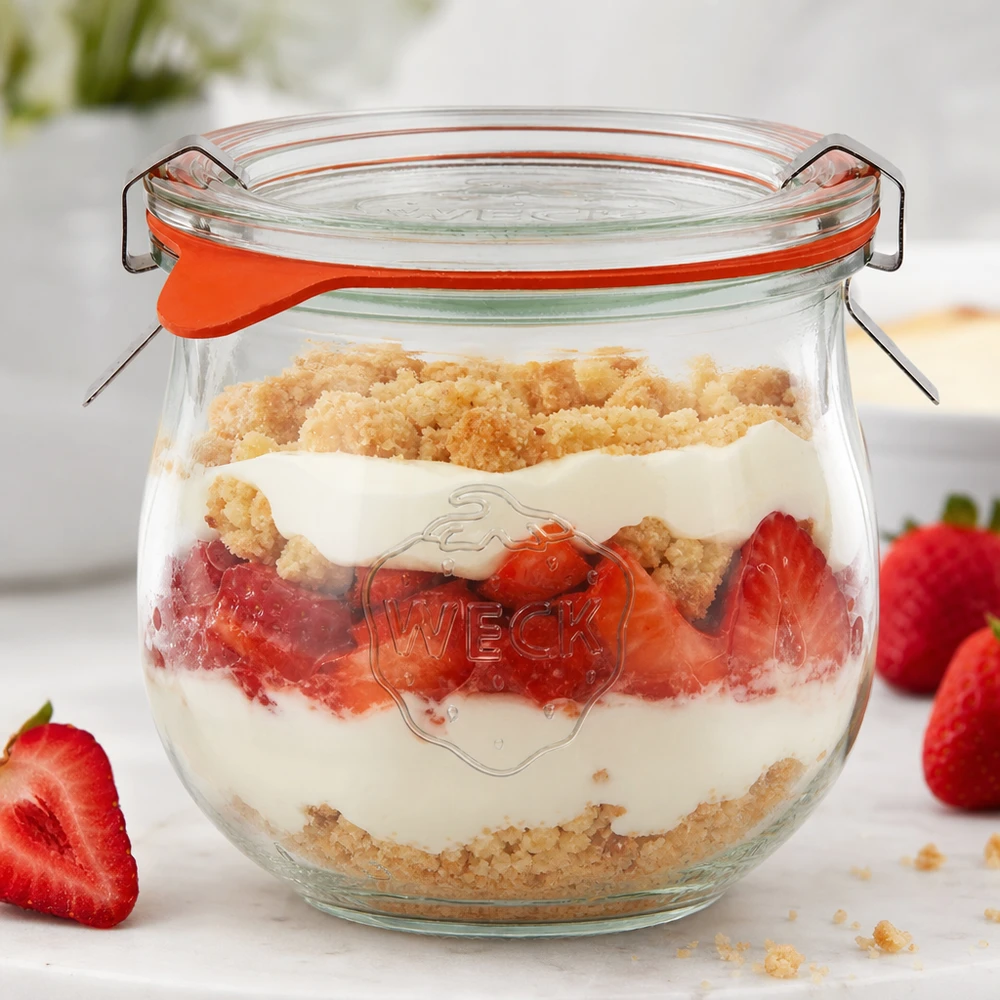 WECK Tulpenglas 370ml RR80 als Dessertglas mit Erdbeeren und Streuseln gefüllt neben frischen Früchten