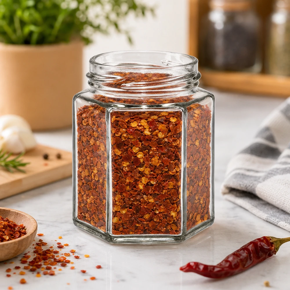 196ml Hexaglas ohne Deckel (TO58) UNiTWIST UNiTWIST Hexa196 sechseckiges Gewürzglas 196ml mit Chili-Flocken gefüllt auf Küchenarbeitsplatte